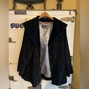 Vintage Dennis Basso Elegant Black Curly Faux Fur Swing Coat Size 1X
